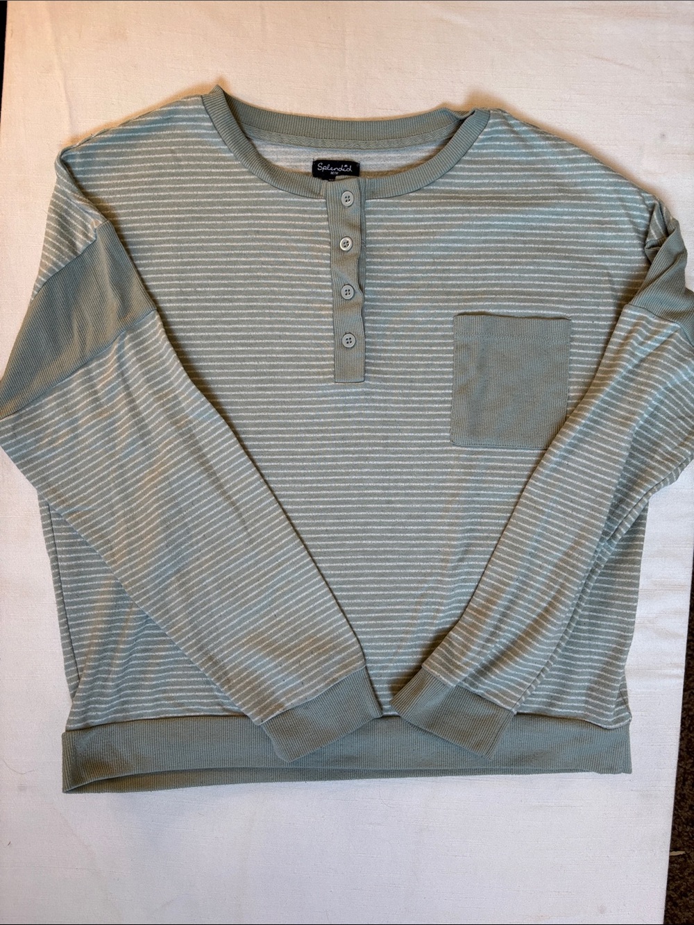 Splendid Sage Green and White Striped Long-Sleeve Henley with Pocket